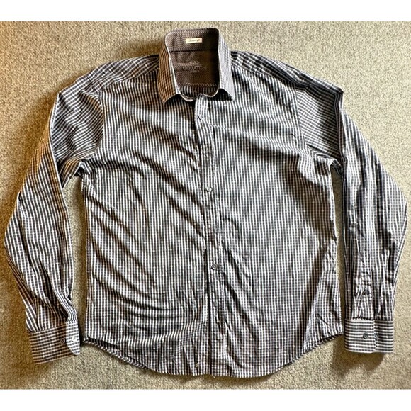 Bugatchi Other - Bugatchi Shaped Fit Blue Cotton Dress Shirt Long Sleeve Check Trim Men's L?